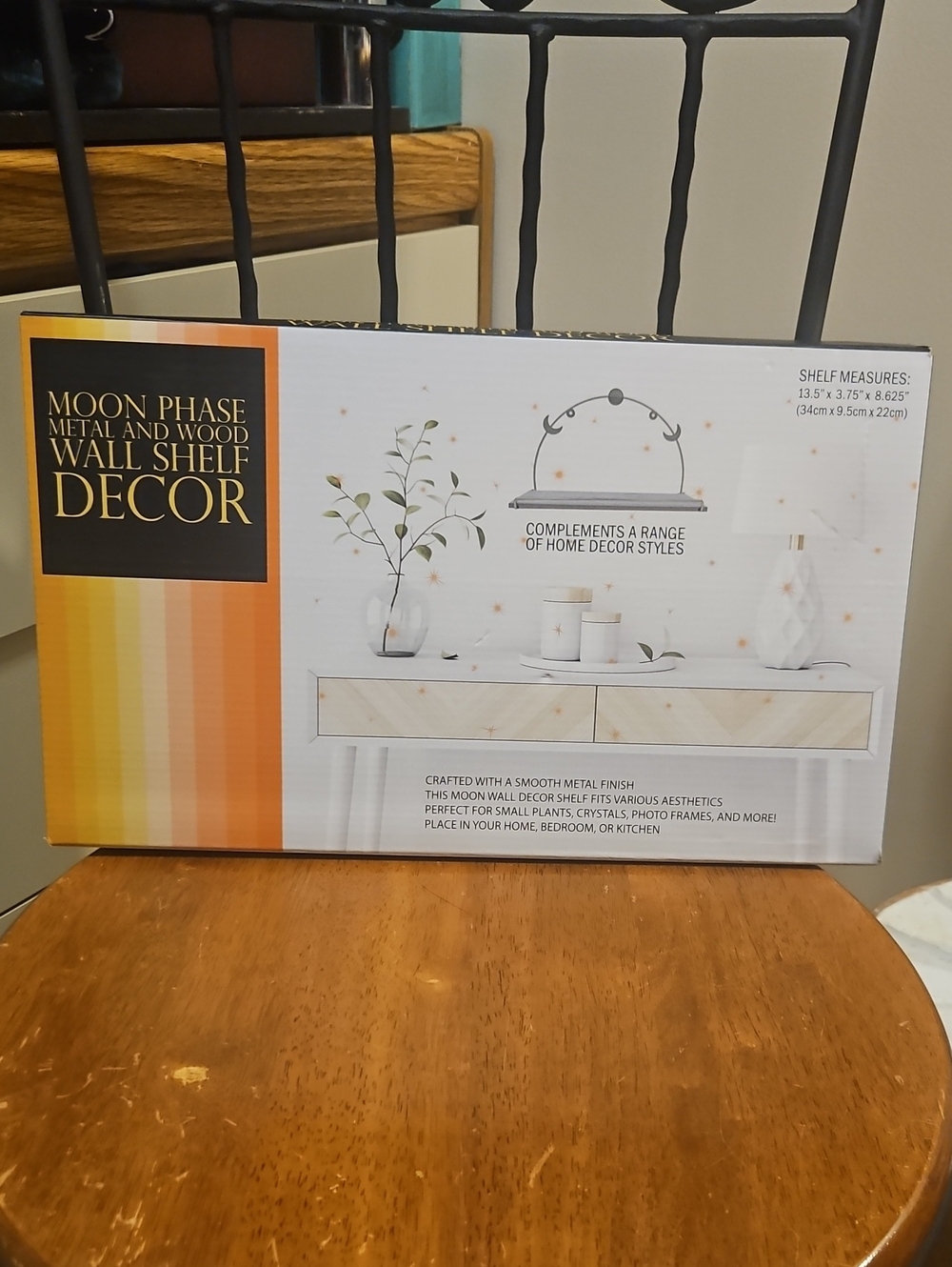 Moon Phase Metal and Wood Wall Shelf Decor - White and Gold Accent